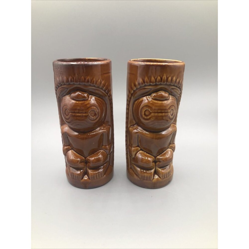 Vintage Set Of 2 Brown Tiki Hawaiian Mugs